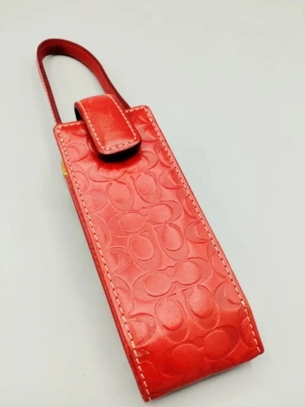 Coach Red Embossed Leather Eyeglass  Holder with Wrist Loop Tan Interior LNC